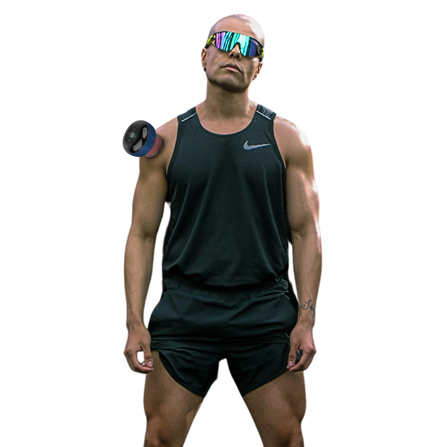 Image of an Athlete with NuLYFF™ Intelligent Cupper on his shoulder feeling the relief from tough exercise. 