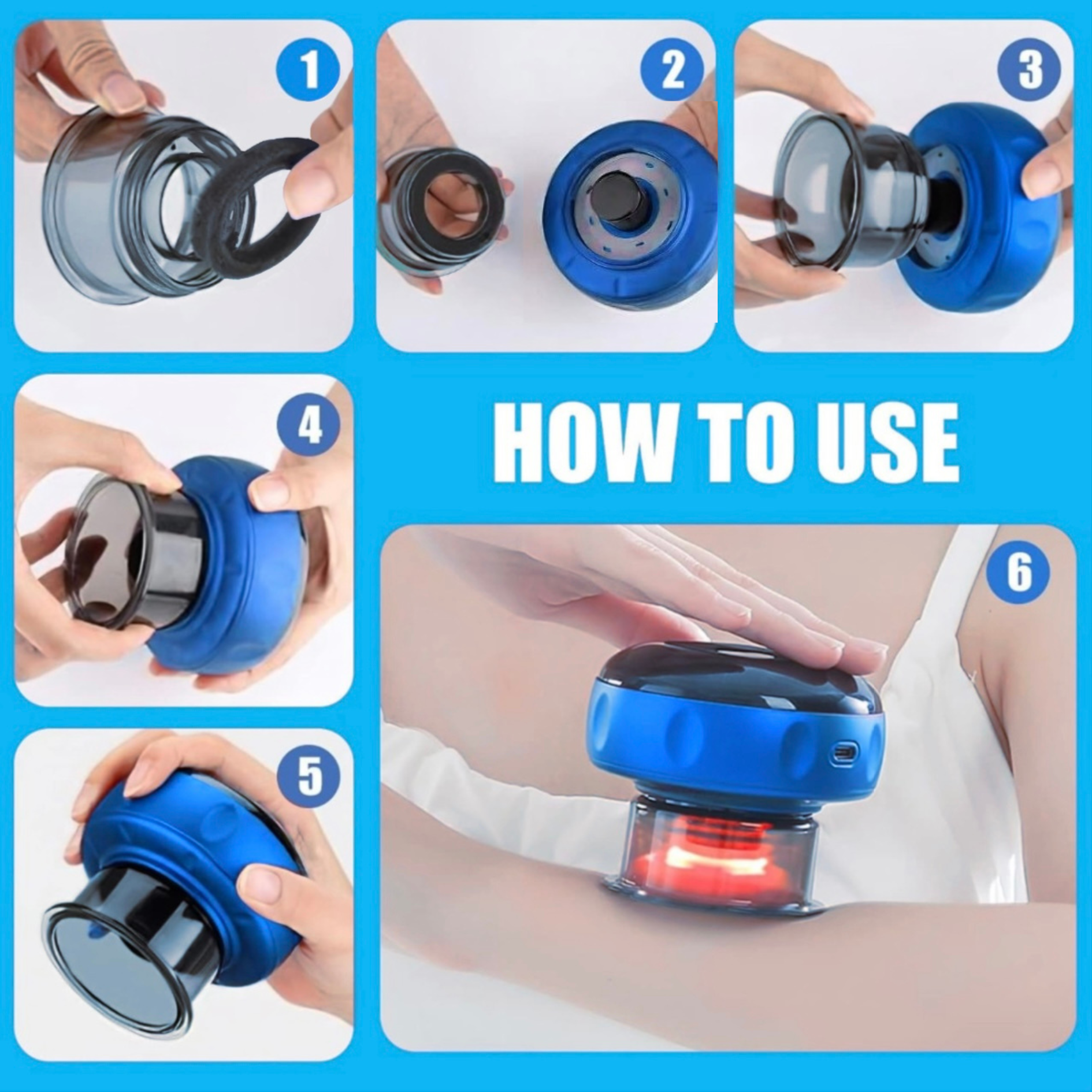 image of Blue NuLYFF™ Intelligent Cupper instruction on how to use. Step 1 add seal to the can, step 2 match can to the unit, step 3 screw on the can to unit, step 4 make sure can is tight to the unit, step 5 place unit on desired body part, step 6 enjoy the NuLYFF™ Intelligent Cupper for your cupping therapy. 