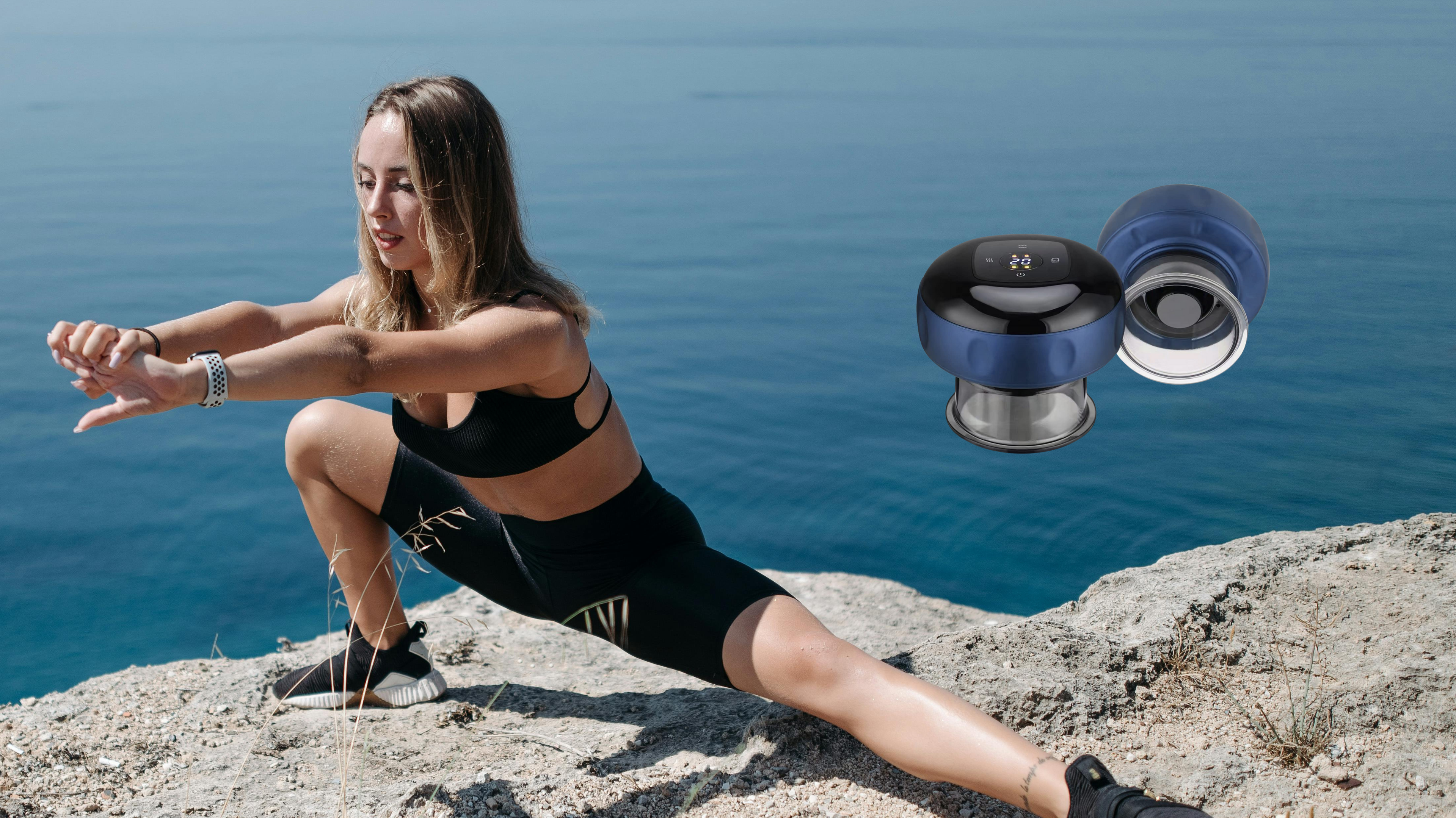 Image of young woman stretching on a cliff enjoying her view after receiving treatment from NuLYFF™ Intelligent cupper and giving her muscles the relief they needed. picture of 2 cupping devices on sale, buy 2 and get 40% off sale is live
