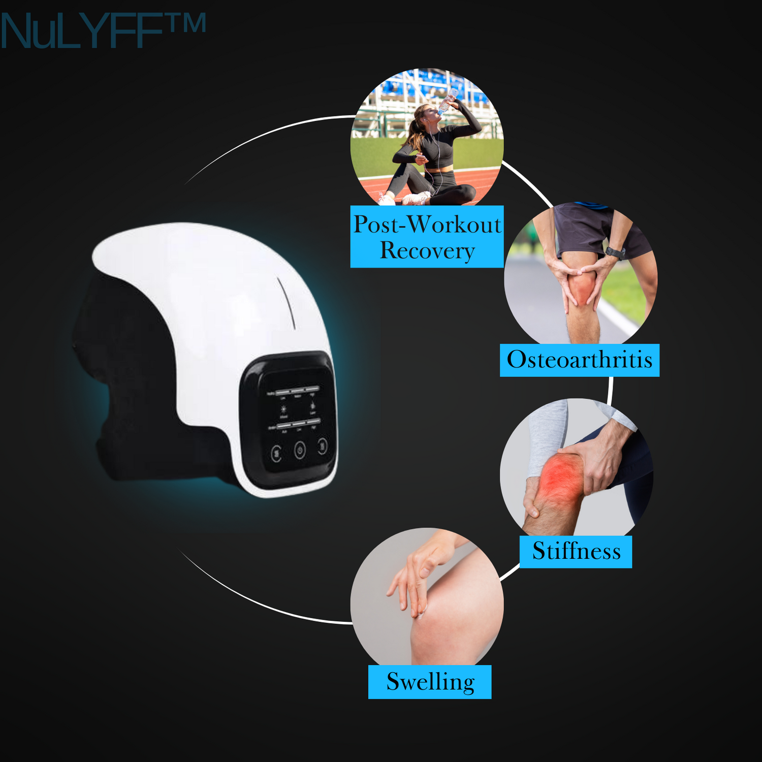 Image of NuLYFF™ Knee Massager - used to treat for osteoarthritis, stiffness, swelling, and post-workout recovery, ensuring improved comfort and mobility.
