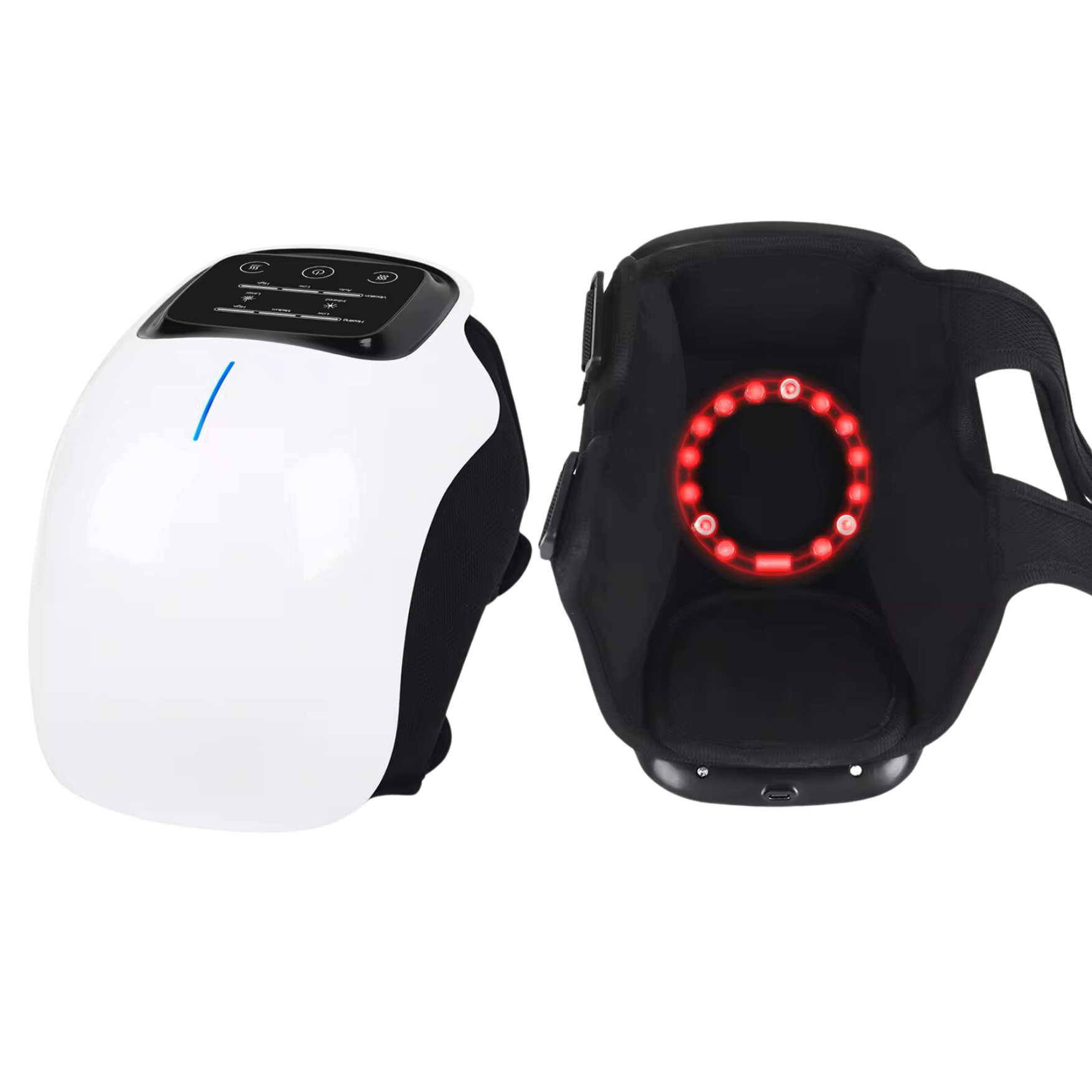 Front Right Image and a look of the inside of the unit that goes against the knee of NuLYFF™ Knee Massager - Displaying the hard shell on the unit, easy to use touch screen, soft to touch cloth, red light therapy bulbs as well as infrared bulbs that shine the invisible light.