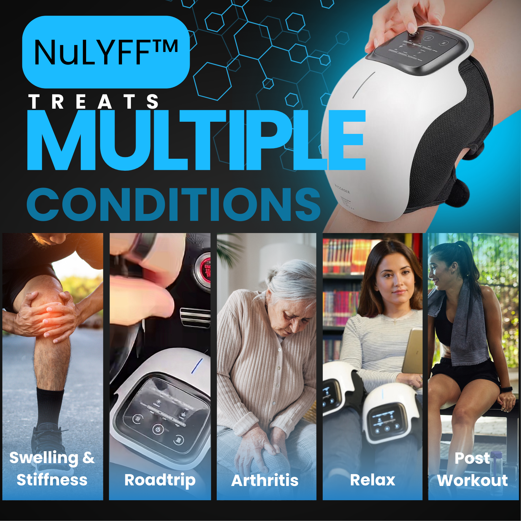 Image of NuLYFF™ Knee Massager card indicating unit is great for Swelling & stiffness, relief for knees during a road trip, Arthritis, Relaxation, and post workout therapy. Your knee will feel the relief from Osteoarthritis