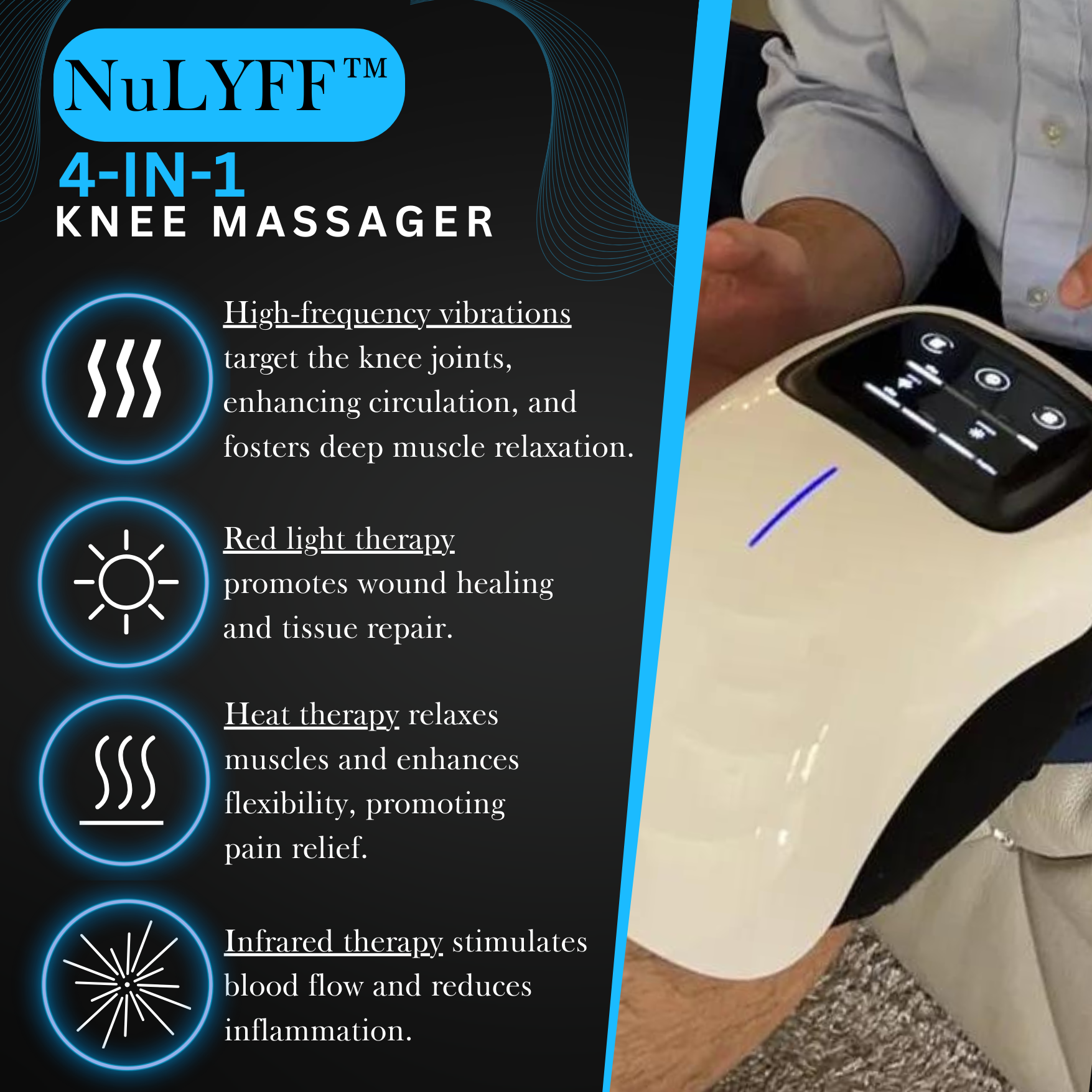Image of a man sitting on the couch adjusting the setting for his desired relief he is looking from NuLYFF™ 4-in-1 Knee Massager. He is adjusting High-frequency vibraiton that enhancing circulation, and fosters deep muscle relaxation. Red light therapy promotes wound healing and tissue repair. Heat therapy relaxes muscle and enhances flexibility. Infrared therapy stimulates blood flow and reduces inflammation from stiff, swollen, arthritis, and osteoarthritis.