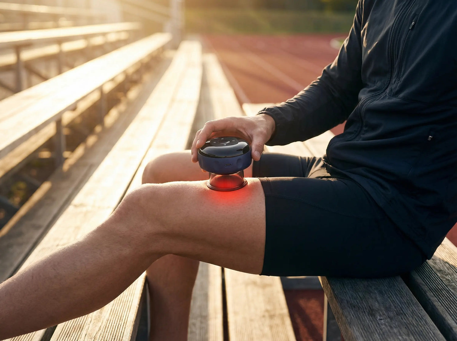 Athlete using NuLYFF Intelligent Cupper on his let after a run