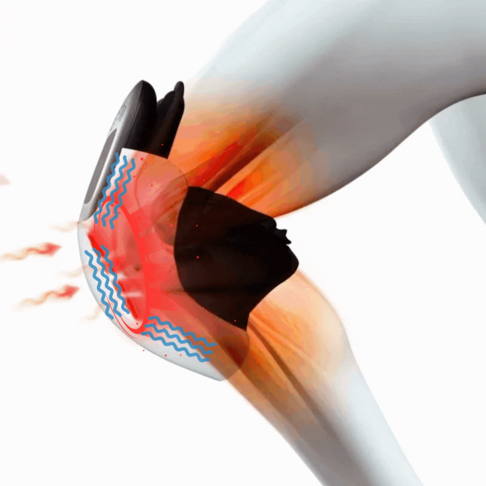 GIF Image of NuLYFF™ Knee Massager releiving pain with infrared, red light, head and massage therapy. shows how it radiates up and down the leg providing relief from commmon knee pain problems such as osteoarthritis, swelling, stiffness and post workout therapy.
