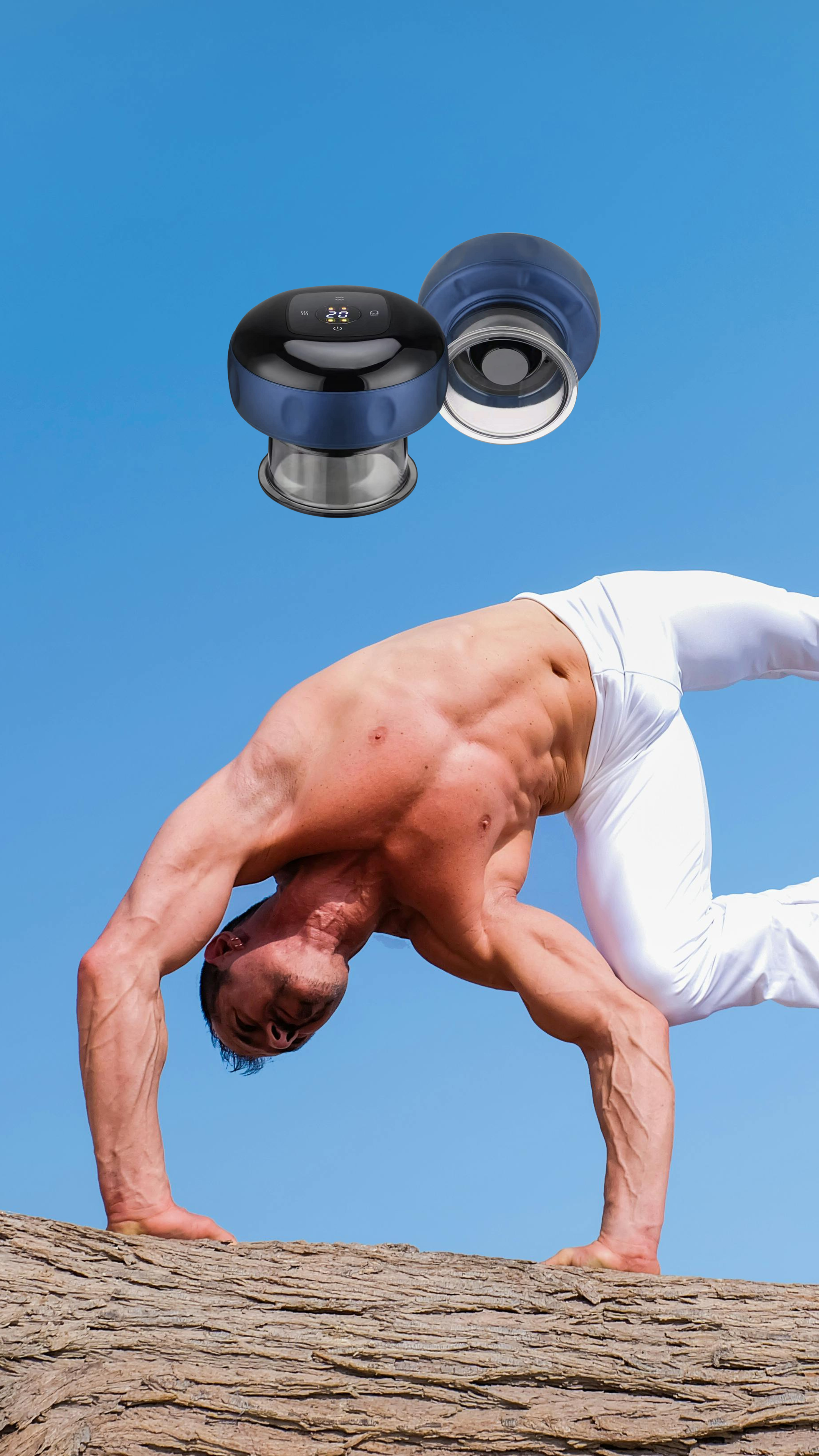 Image of Man doing a hand stand after receiving treatment from NuLYFF™ Intelligent cupper and giving her muscles the relief they needed. picture of 2 cupping devices on sale, buy 2 and get 40% off sale is live